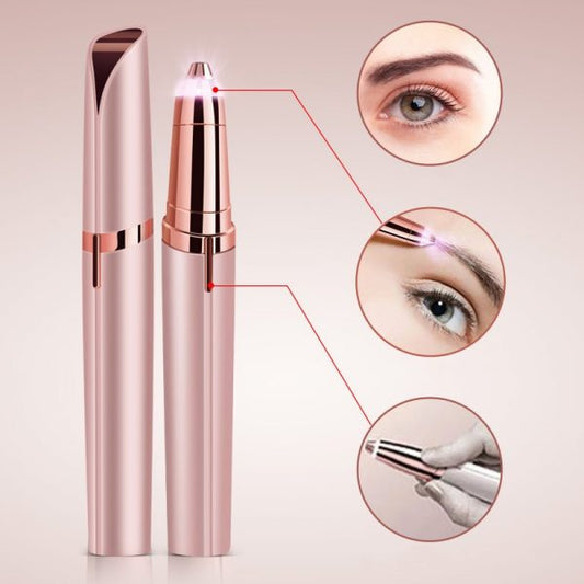 Rose gold beauty hair removal device with close-up insets of eye and eyebrow use on a beige background