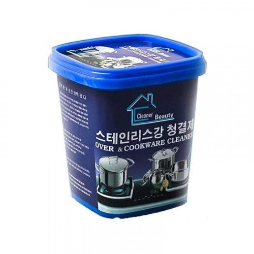 Container of stainless steel and cookware cleaner with blue lid on a white background