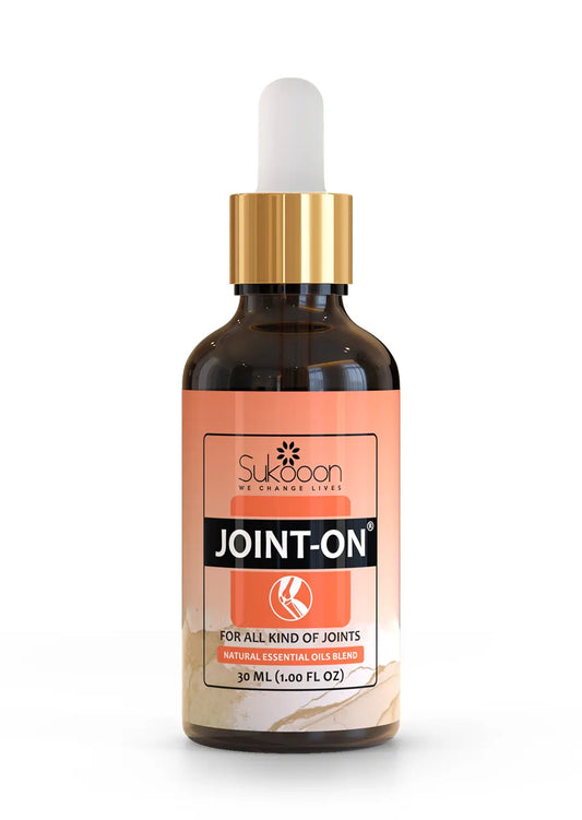 Sukoon Joint-On bottle with gold cap on a white background