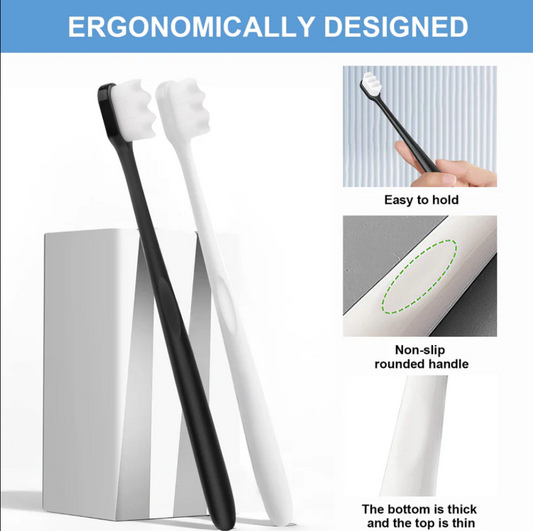 Two toothbrushes with ergonomic design features highlighted on a white background.