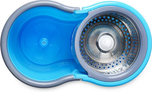 Blue and gray cleaning tool with a central wheel on a white background