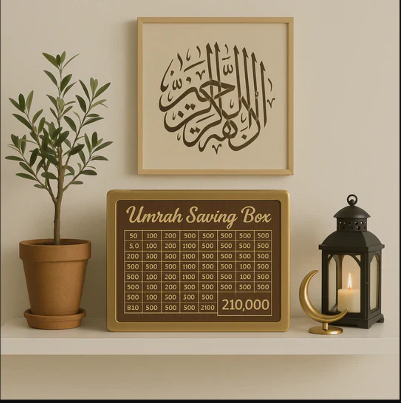Umrah saving box with Arabic calligraphy on a wall, potted plant, and candle lantern in the background.