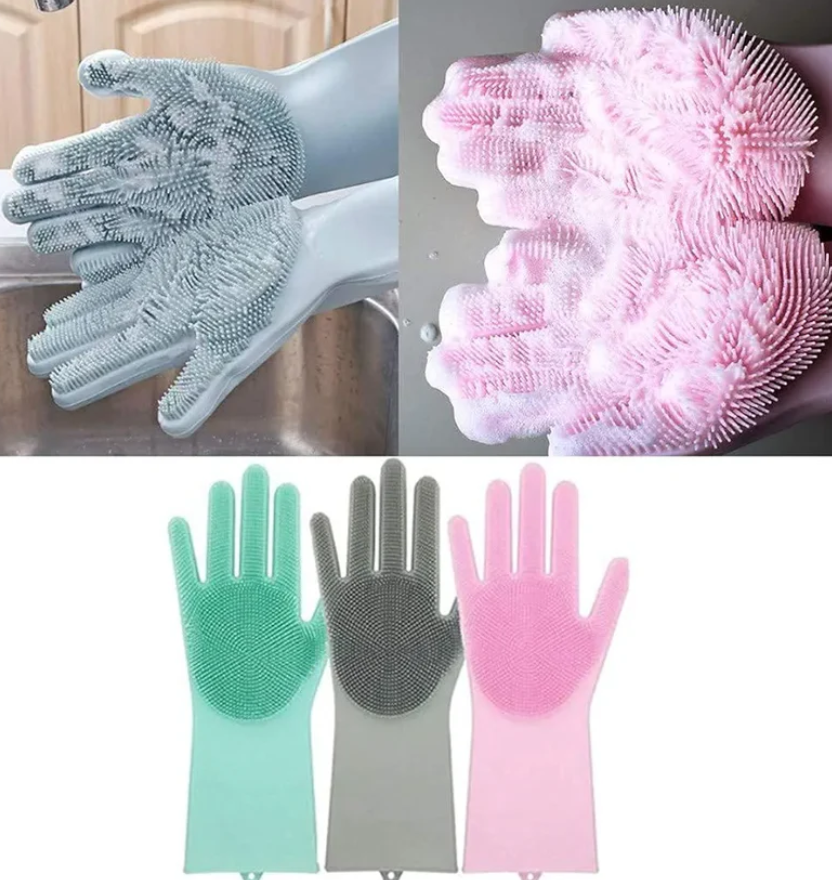 Collage of cleaning gloves and scrubber with different colors on a white background.