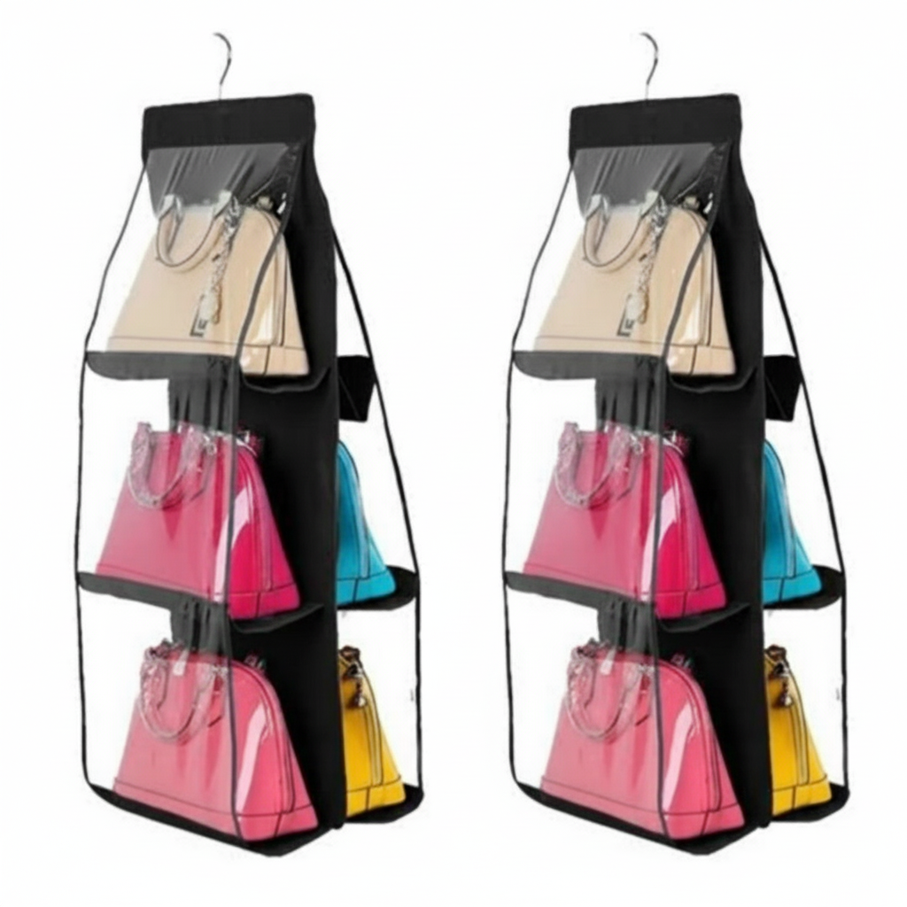 Handbag organizer with clear cover holding multiple handbags, displayed on a white background.