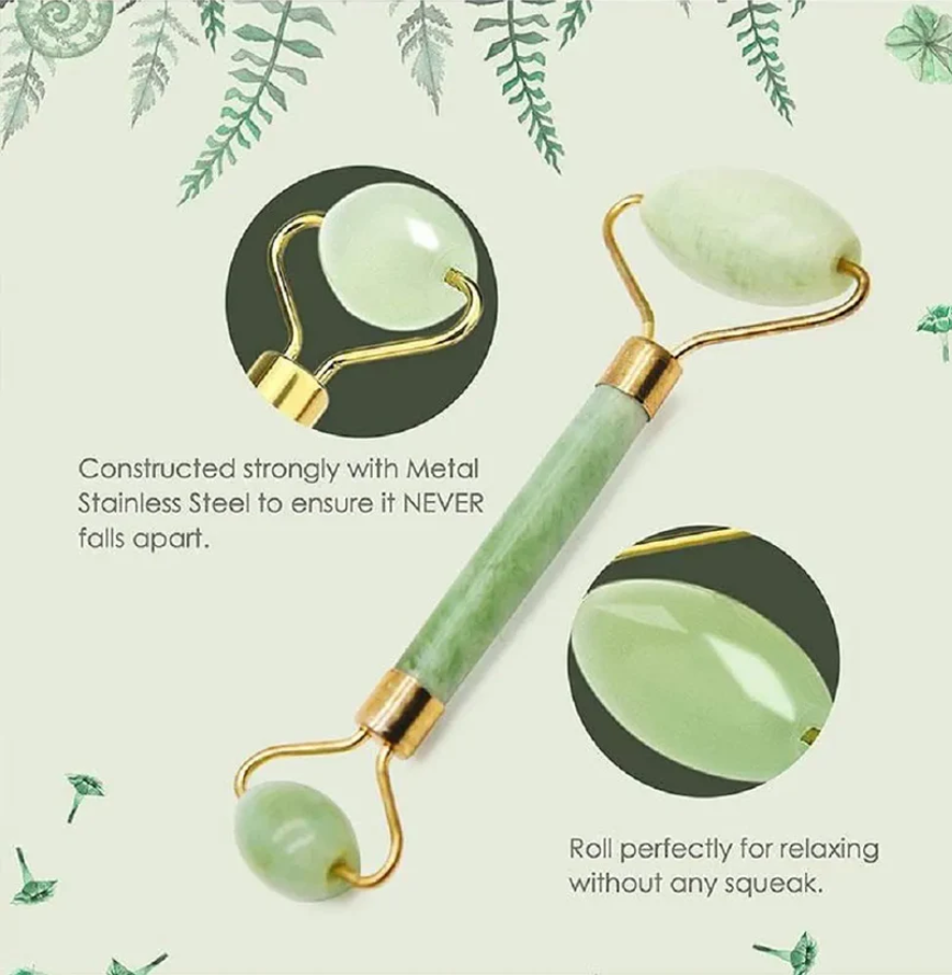 Green jade roller with gold accents on a light green background with text about its construction and use.