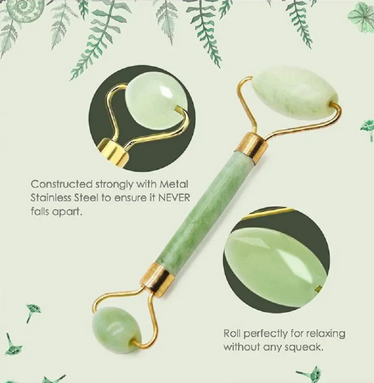 Green jade roller with gold accents on a light green background with text about its construction and use.