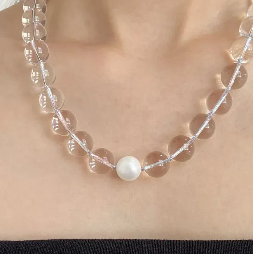Summer Cool White Crystal Pearl Women's Necklace Transparent Round Beads Simple Clavicle Chain High-End Feelings Choker Necklaces - Eazzy Store