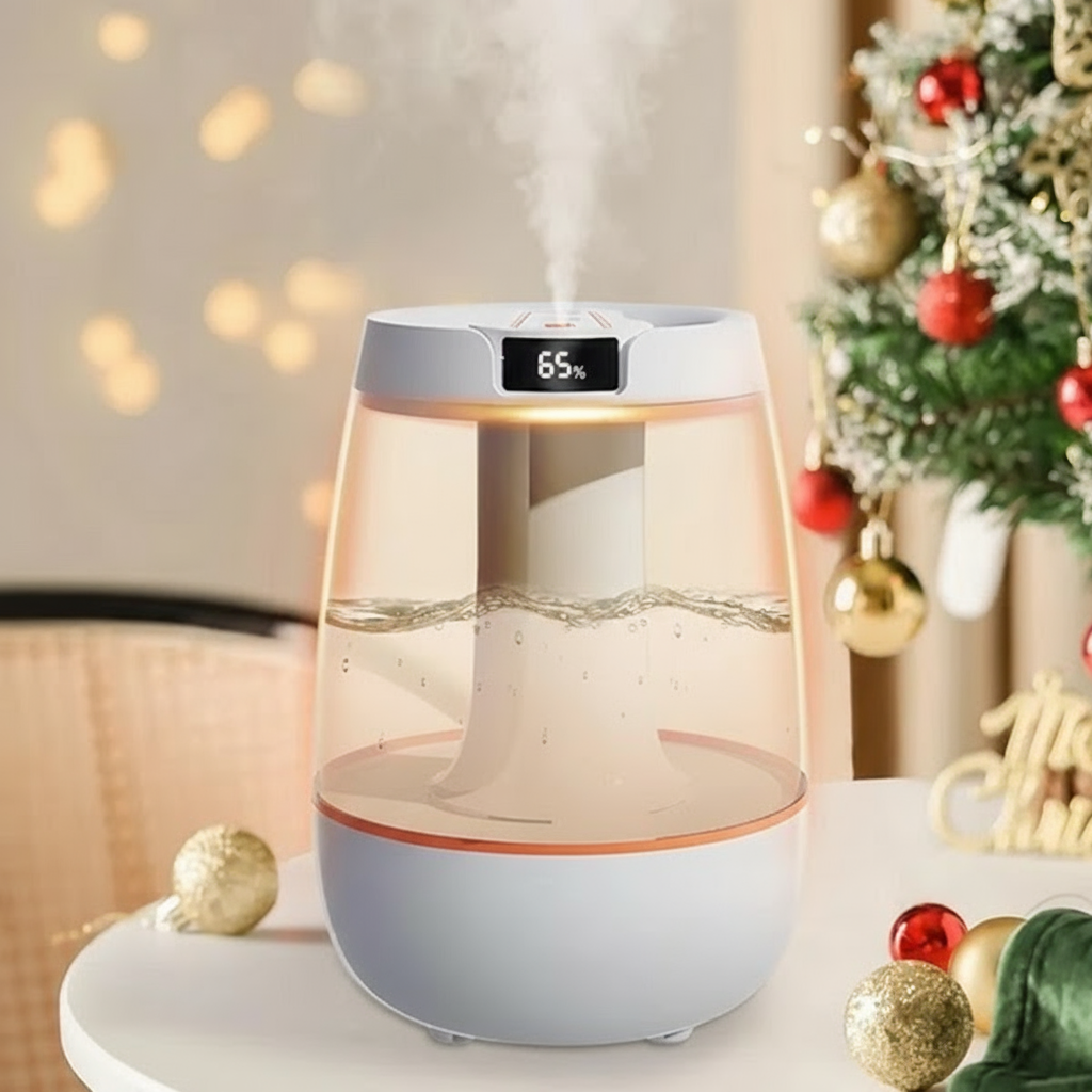 Humidifier with digital display in a festive indoor setting