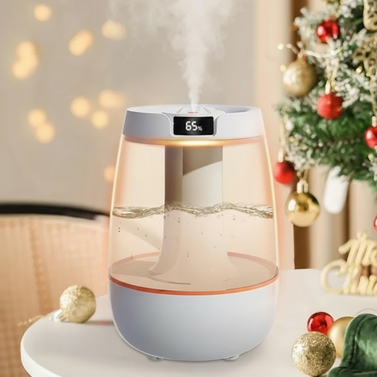 Humidifier with digital display in a festive indoor setting