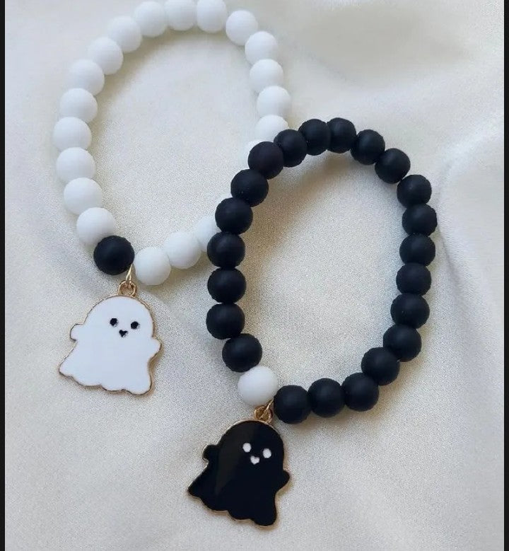 Ghost Charm Couple Bracelet with white and black matt beads