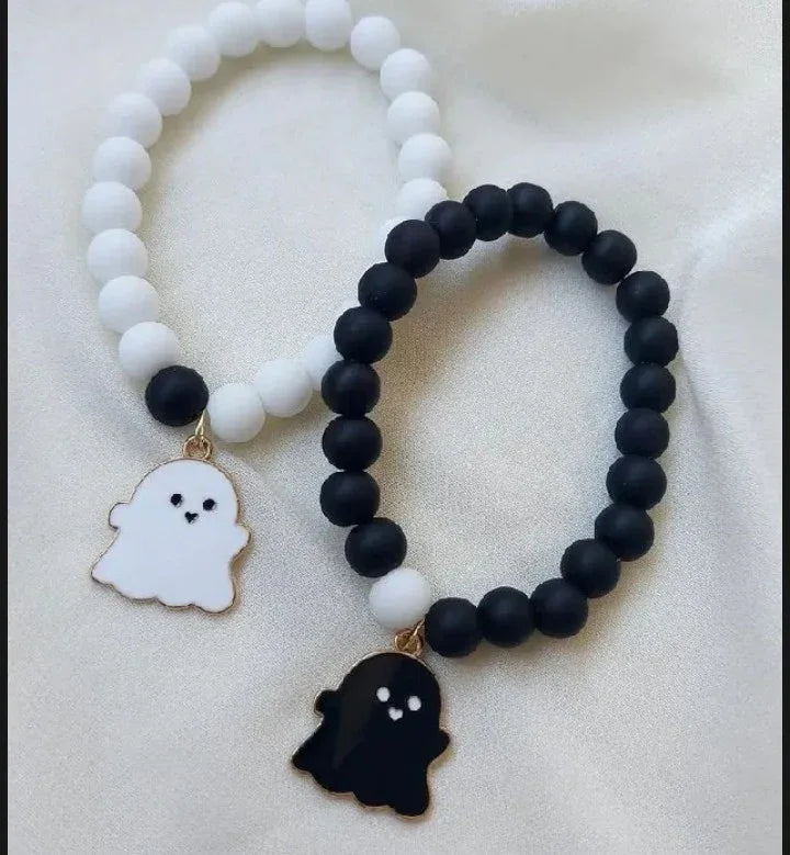 Ghost Charm Couple Bracelet with white and black matt beads - Eazzy Store