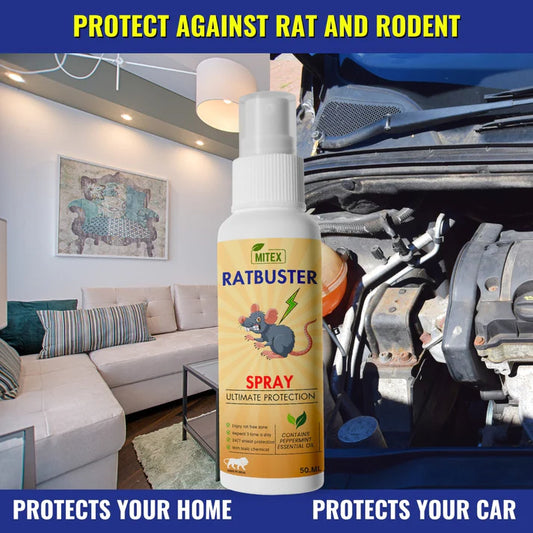 Mitex Ratbuster spray bottle with living room and car open hood background