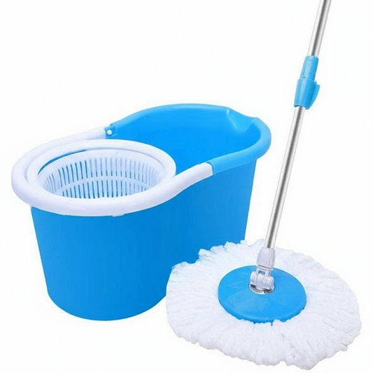 Blue bucket with a white mop on a white background