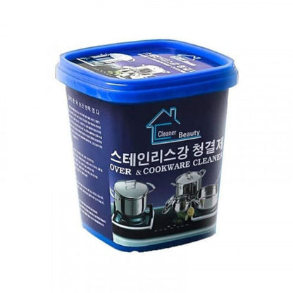Container of stainless steel and cookware cleaner with blue lid on a white background
