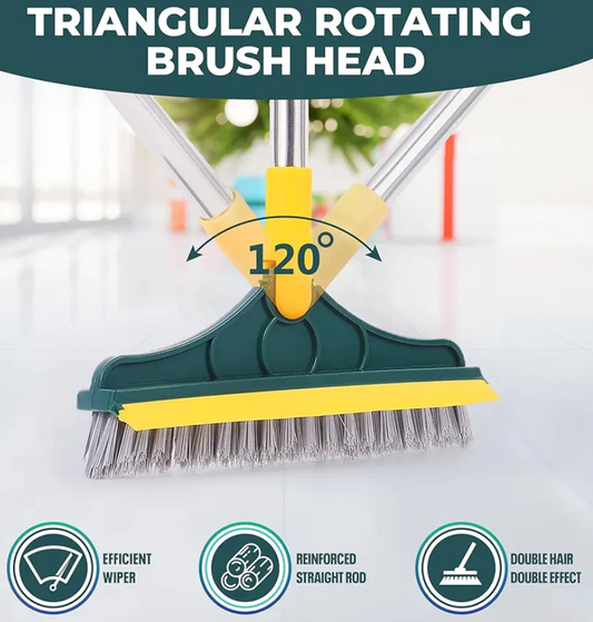 Triangular rotating brush head with text and icons on a blurred background