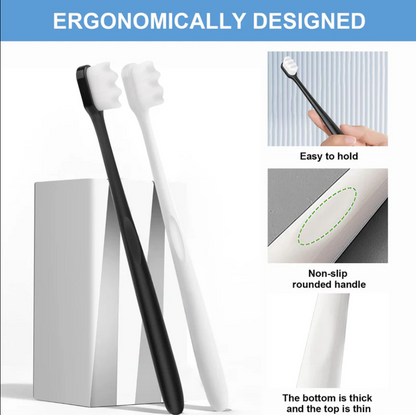 Two toothbrushes with ergonomic design features highlighted on a white background.