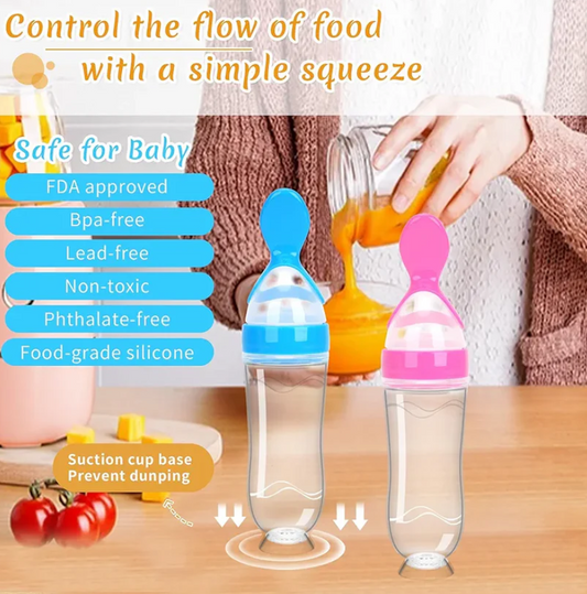 Two baby bottles with colorful silicone nozzles on a wooden surface, with text highlighting safety features and product benefits.