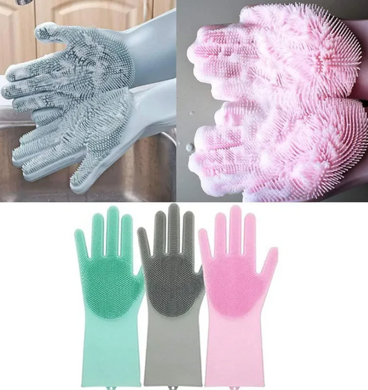 Collage of cleaning gloves and scrubber with different colors on a white background.