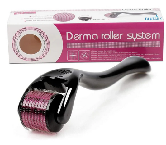 Derma roller system with packaging on a white background