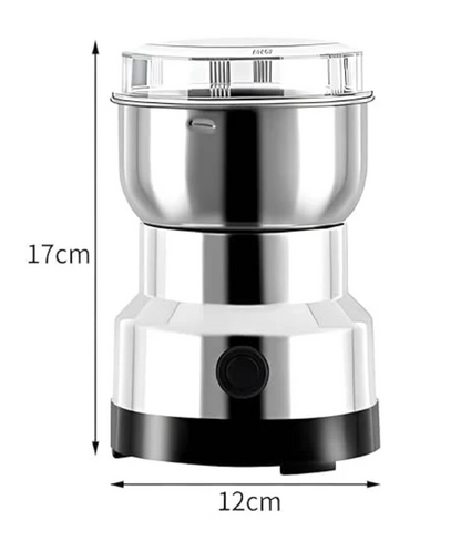 Stainless steel coffee grinder with dimensions labeled on a white background