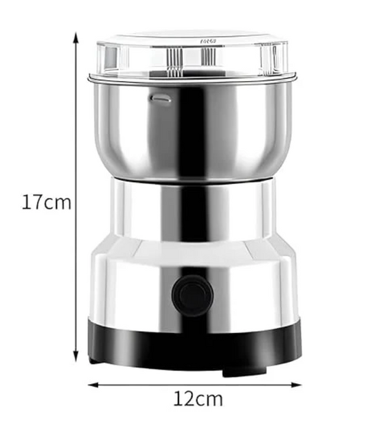 Stainless steel coffee grinder with dimensions labeled on a white background