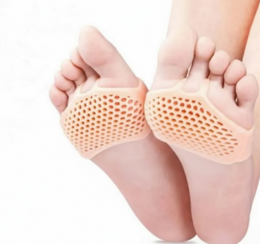 Silicon support forefoot pads on feet with price text overlay