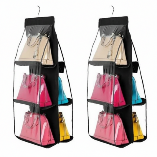 Handbag organizer with clear cover holding multiple handbags, displayed on a white background.