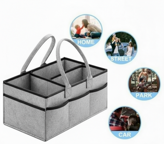 Gray baby organizer with images of a family in various settings and text indicating its use.