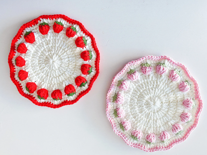 Crochet Strawberry Teacup, Glass, Pot Coaster / Mat | Handmade Crochet Coasters