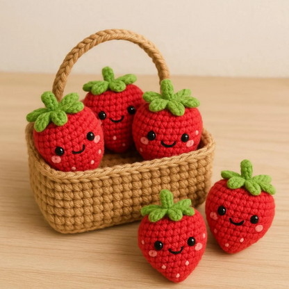 Strawberries Basket with 4 Strawberries for Home Decorations