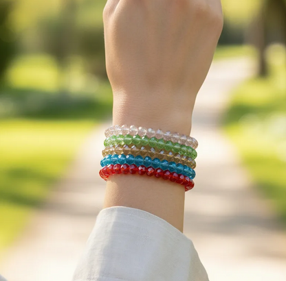 Bohemian Multicolor Artificial Crystal Elastic Bracelet For Women, Colorful Transparent Round Beads Crystal Beaded Bracelet