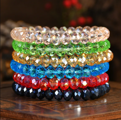 Bohemian Multicolor Artificial Crystal Elastic Bracelet For Women, Colorful Transparent Round Beads Crystal Beaded Bracelet