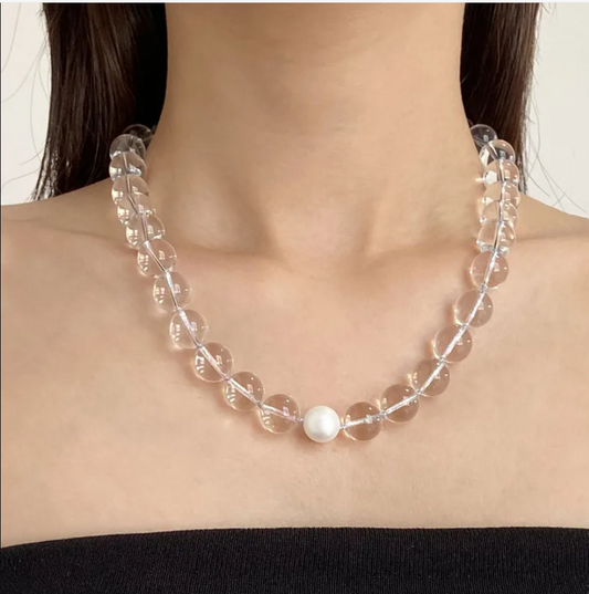 Summer Cool White Crystal Pearl Women's Necklace Transparent Round Beads Simple Clavicle Chain High-End Feelings Choker Necklaces