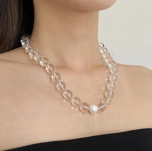 Summer Cool White Crystal Pearl Women's Necklace Transparent Round Beads Simple Clavicle Chain High-End Feelings Choker Necklaces - Eazzy Store