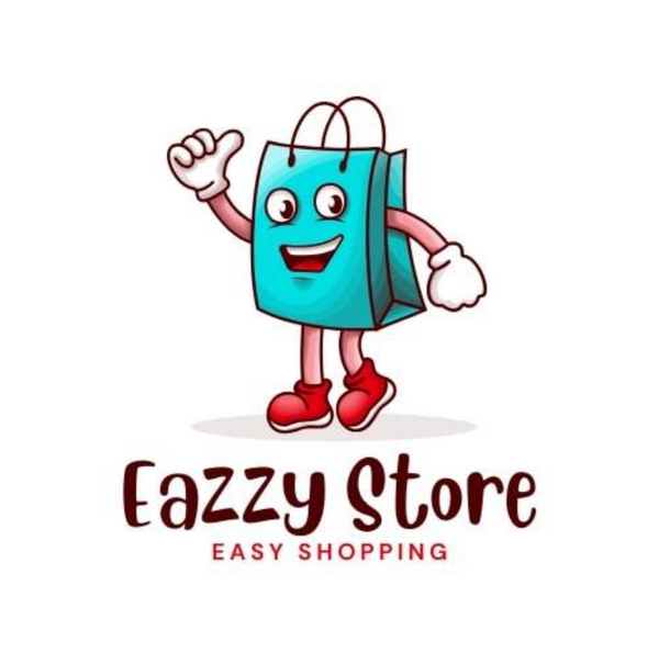 Cartoon shopping bag character with 'Eazzy Store' text on a white background