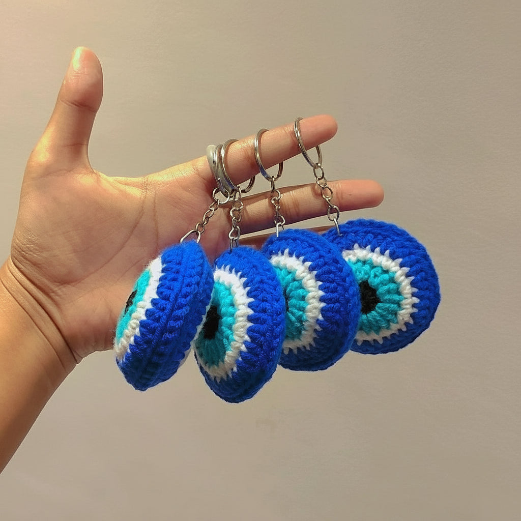 Hand holding four blue and white crocheted evil eye keychains with a plain background.
