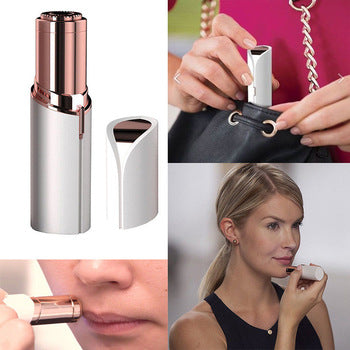Collage of a silver and rose gold facial hair remover with close-ups and a person using it.