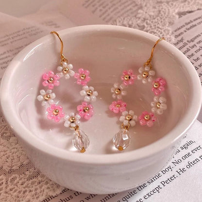 Handmade Seed Bead Flower Hoop Earrings with Crystal Dangles