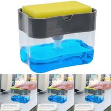 Hand soap dispenser with sponge holder on a white background