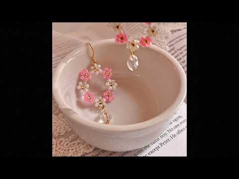 Handmade Seed Bead Flower Hoop Earrings with Crystal Dangles