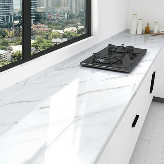 Roll of white marble-patterned vinyl on a kitchen counter with a gas stove.