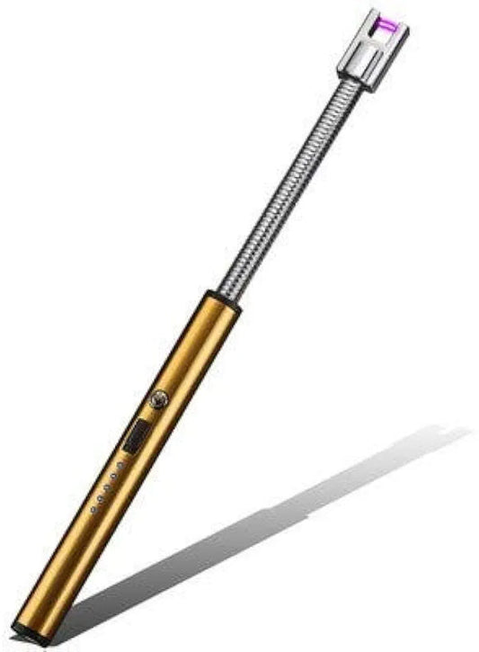 Gold pen with a purple light on a white background
