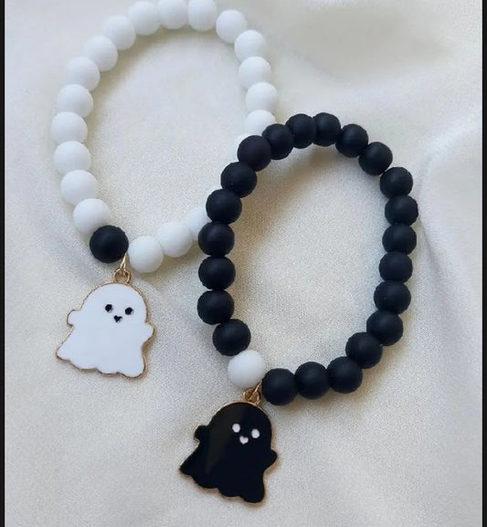 Ghost Charm Couple Bracelet with white and black matt beads