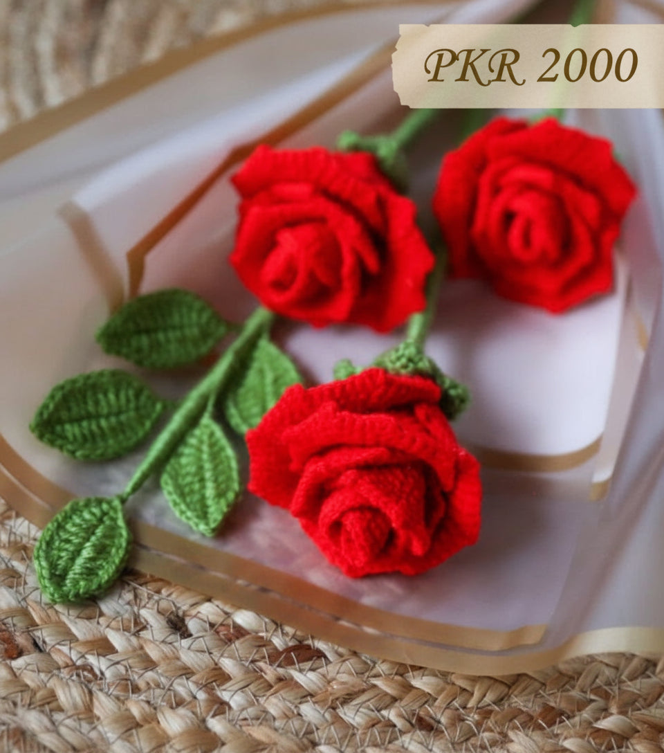 3 PCs Handcrafted Crochet Rose Bouquet