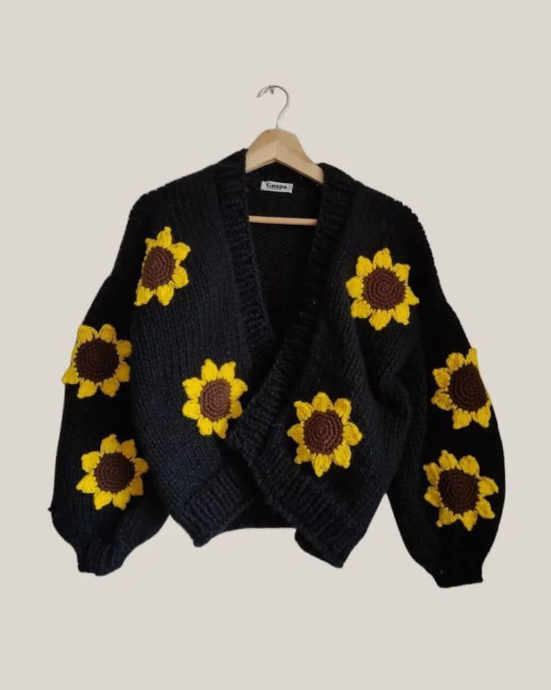 Handmade Women's Sweater with sunflowers flower patterns