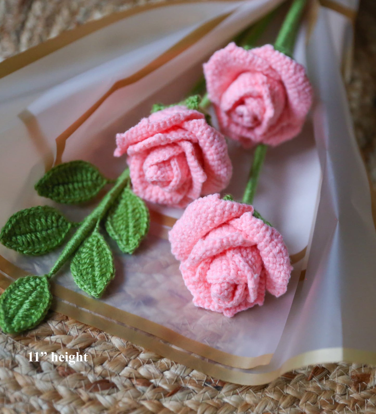 3 PCs Handcrafted Crochet Rose Bouquet